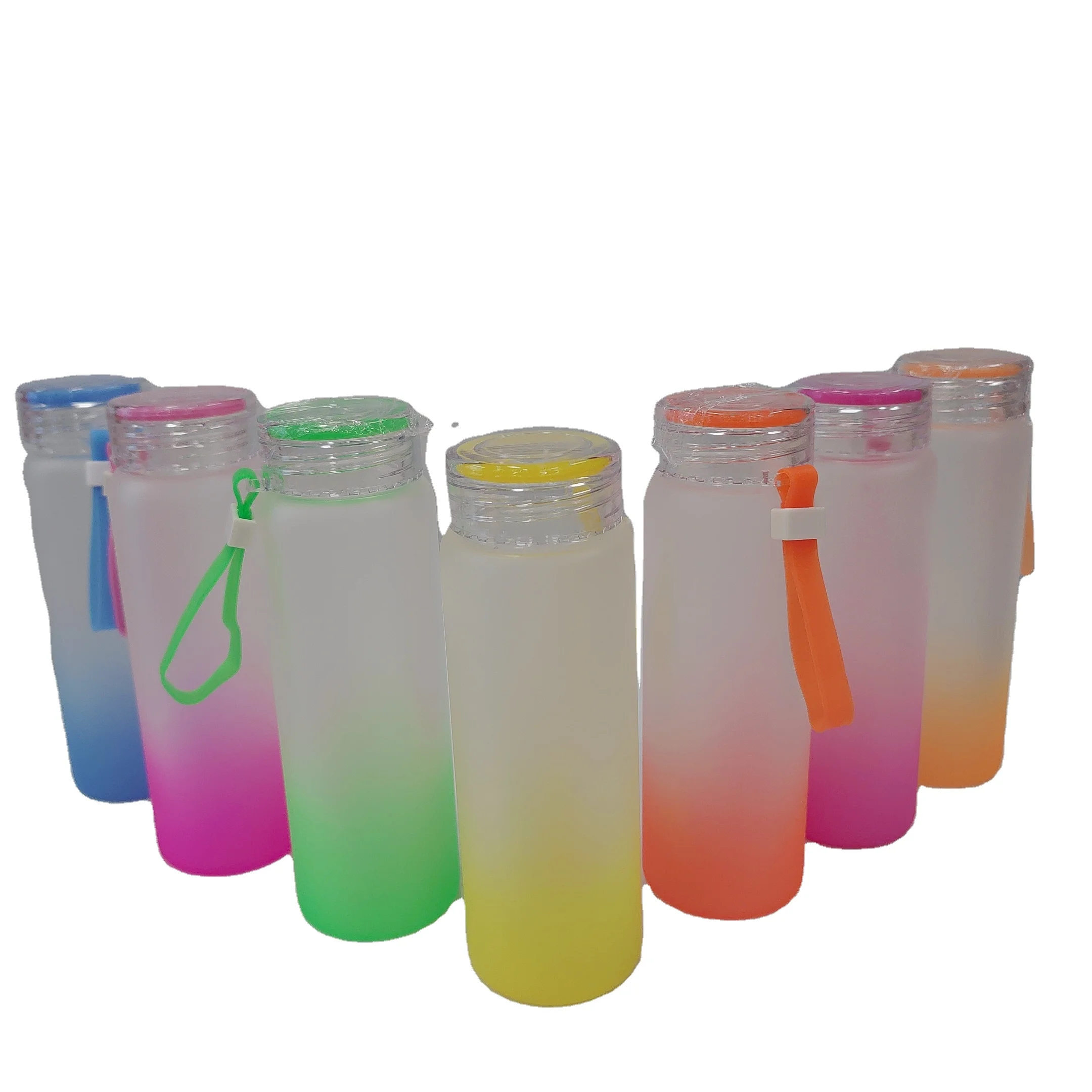 Wholesale  17oz 500ml Ombre Gradient Color Sublimation Frosted Glass Water Bottle With Portable Ring For Sublimation