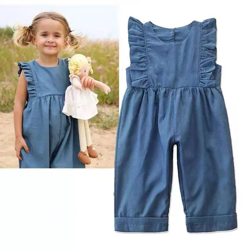 
Sleeveless Summer Infant Ruffles Clothing Denim Baby Girl Clothes Jumpsuit Romper for Kids 