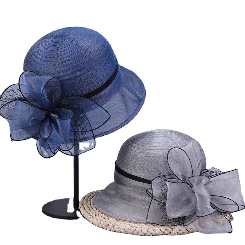 Women Organza Church Hat Kentucky Derby Fascinator Cap Tea party Cap Elegant Sun hat with Flower Headgear Wedding Wide Brim Hats