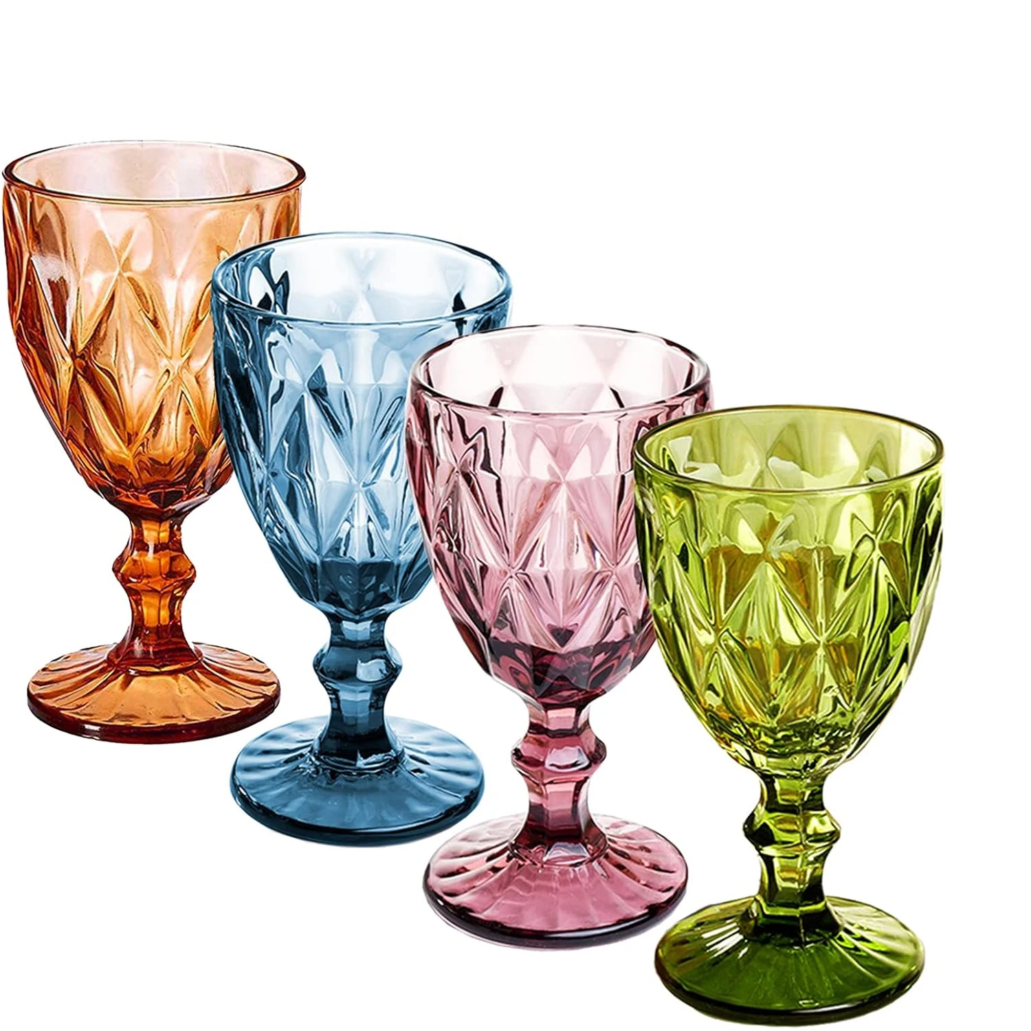 Vintage Wine Glasses Colored Glass Water Goblets, Colorful Unique Embossed Pattern High Clear Stemmed Glassware Cups