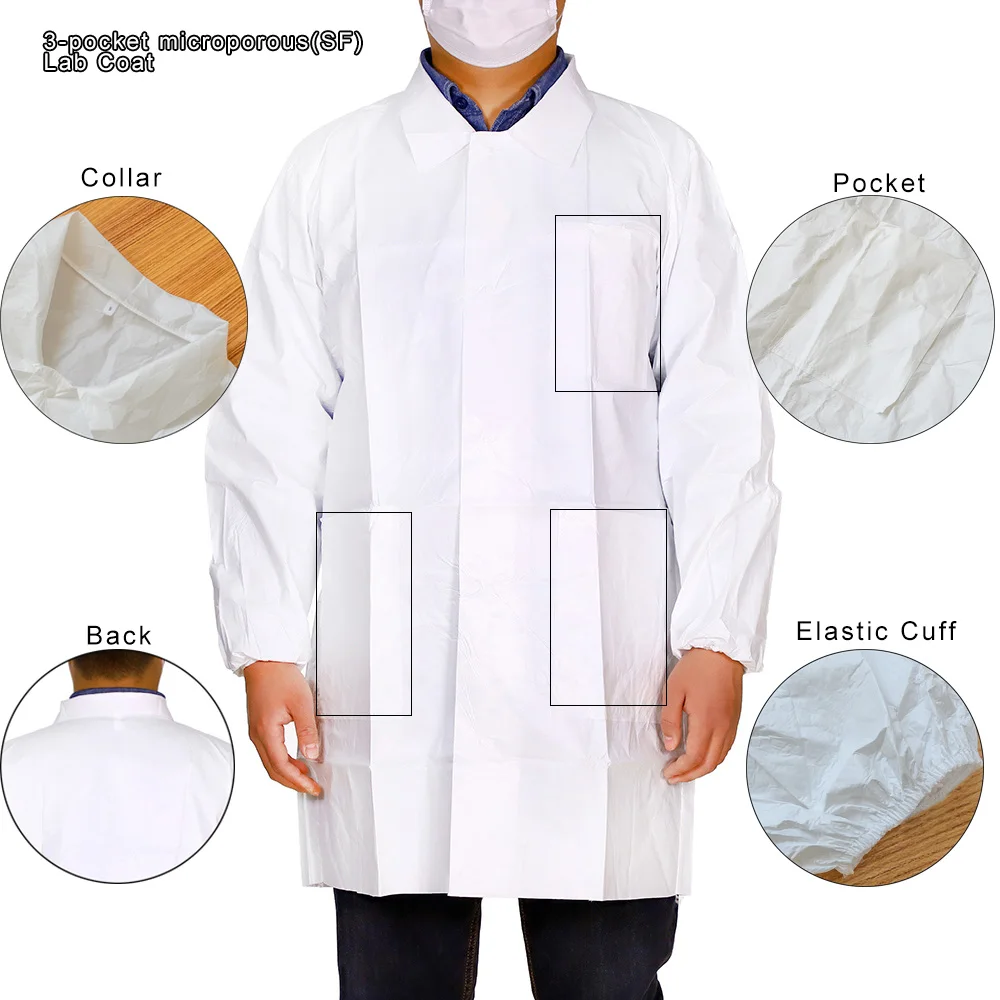 PPE FOOD INDUSTRY CLEANING ROOM LABORATORY LIGHT WEIGHT WATERPROOF MICROPOROUS BREATHABLE DISPOSABLE PROTECTIVE LAB COATS