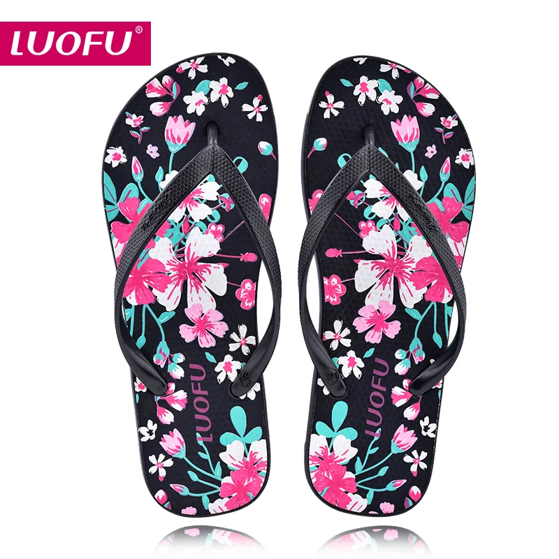 luofu PVC  flower print Outdoor Anti-slip Casual Quick Drying Pvc Comfortable Flat Flip Flops Slippers For Ladies