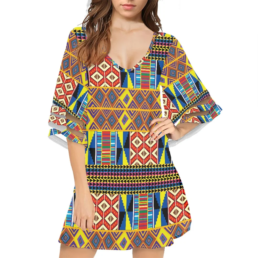 Brown Causal Dress Women African Kitenge Designs Printed Short Sleeve Dress For Women Summer Comfortable Chiffon Skirt