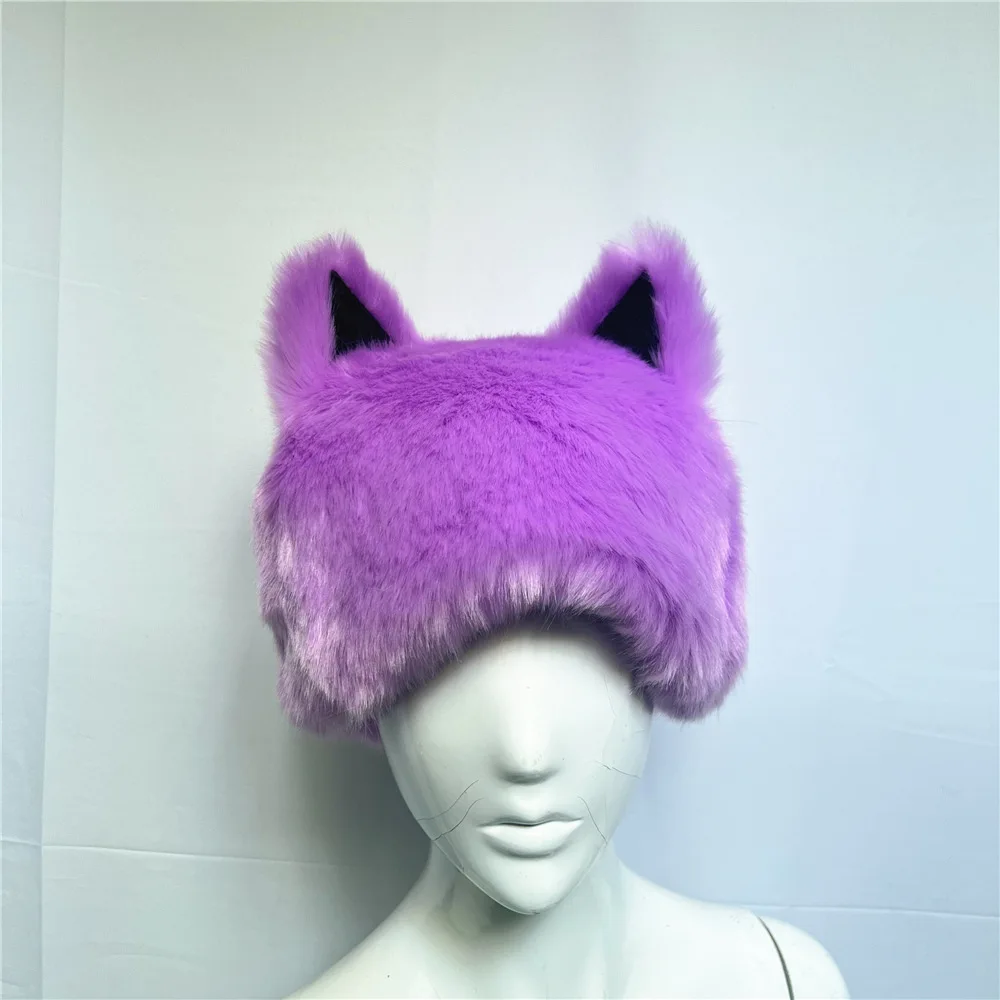Women Men Color Blocking Cat Ears Faux Fur Bucket Hat Fuzzy Plush Warm Soft Animal Shape Colored Fox Fur Winter Hat