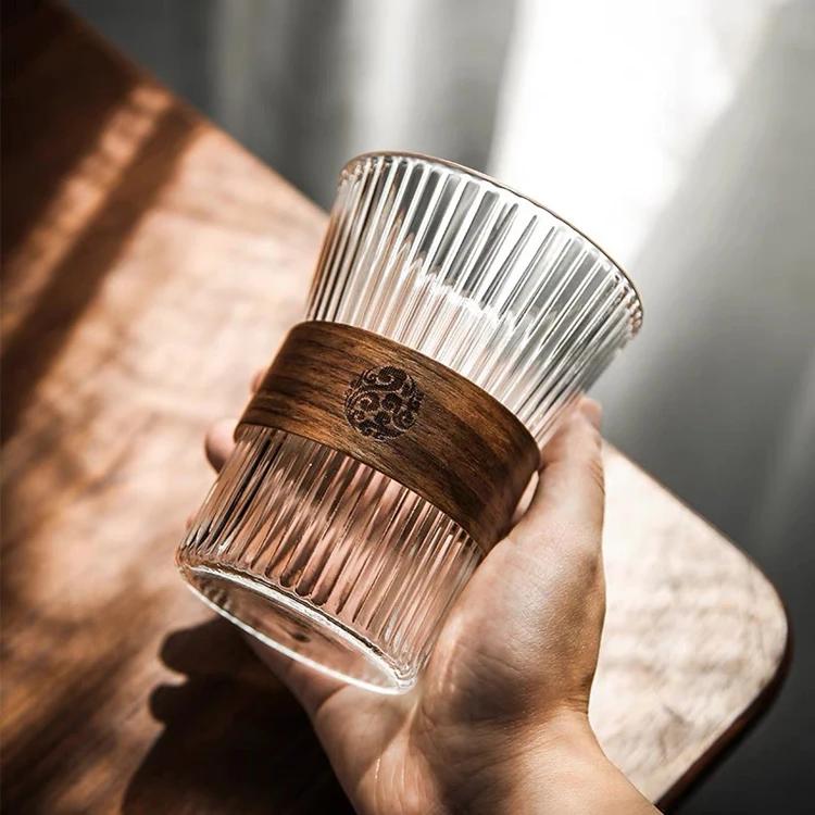 Custom Ribbed Glass Tea Cups Wholesale Coffee Mug Unique Coffee Glass Cup With Wooden Sleeve