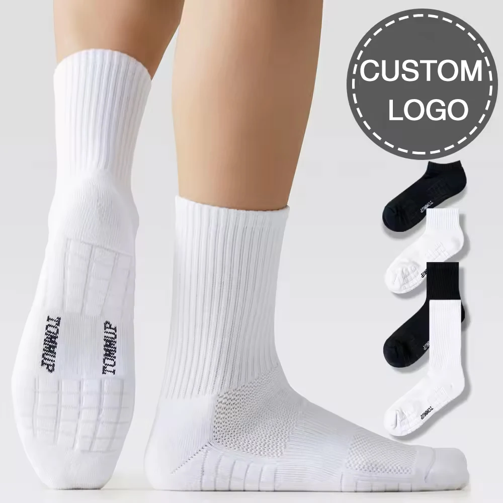 OEM Wholesale Premium Knitted Ribbed Workout Cushion Male Plain Blank White Men Basketball Training Crew Sport Socks Unisex