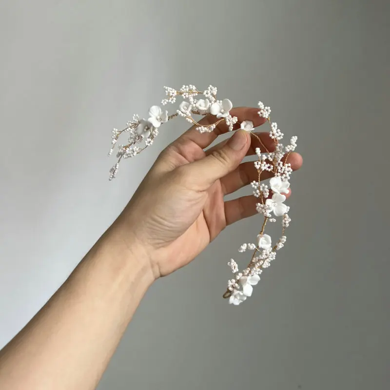 Handmade Beaded Bride Hair Vine Ceramic Flower Headband Babysbreath Wedding Tiara Accessories For Women