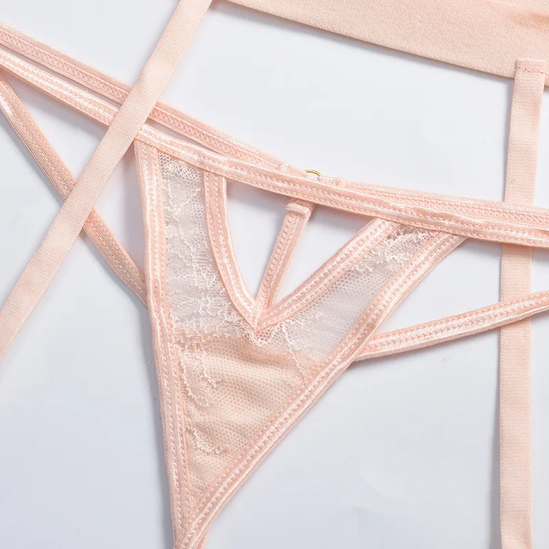 Belle mature wet look pink lace strappy cage high-waisted thong panty american 3 pieces harness lingerie set