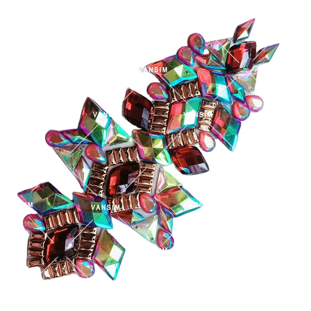 Handmade Customized carnival costumes Resin beads hot fix  stone applique patch trim with  trimming for fiesta party