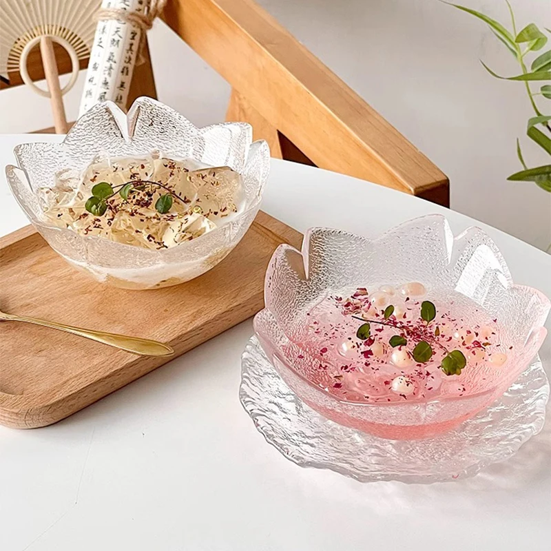 Japanese Crystal Frosted Fruit Salad Bowl Household Ice Cream Snack Bowl With Saucers and Plates
