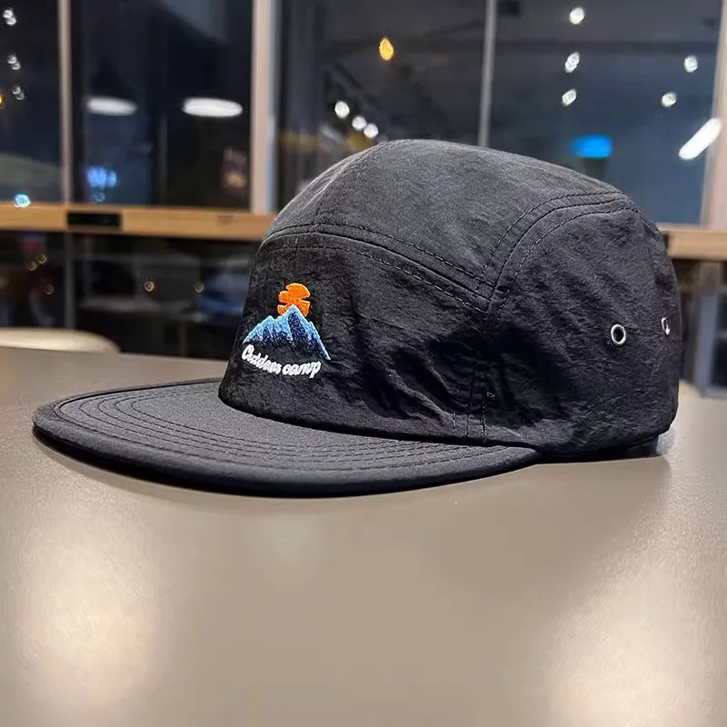Unstructured Quick Dry Cap Nylon Lightweight Breathable 5 Panel Hat Flat Brim Embroidered Camp Cap Running Hat With Custom Logo
