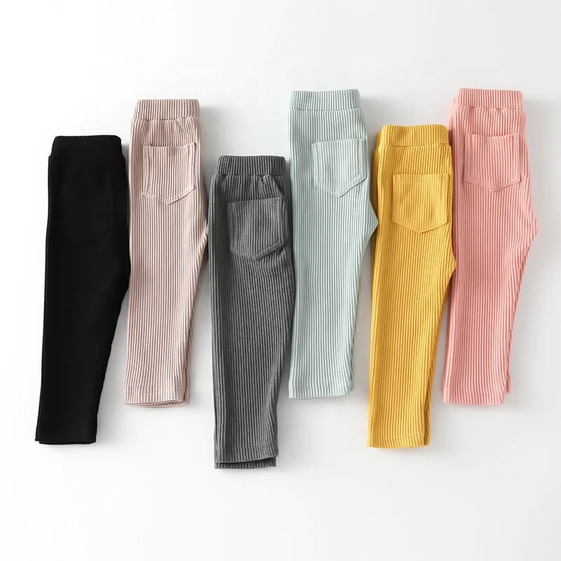 2021 Spring Autumn Children Thin Trousers Baby Girls Cotton Pocket Big PP Solid Color Elastic Long Pants Kids Leggings