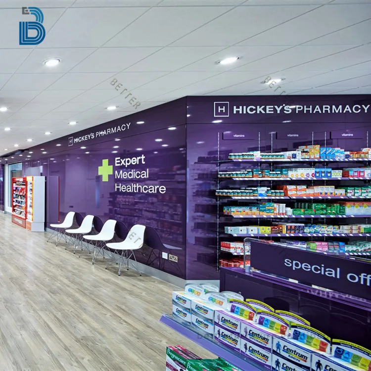 Pharmacy shop display furniture equipment for shelves and display cabinet drugstore gondola