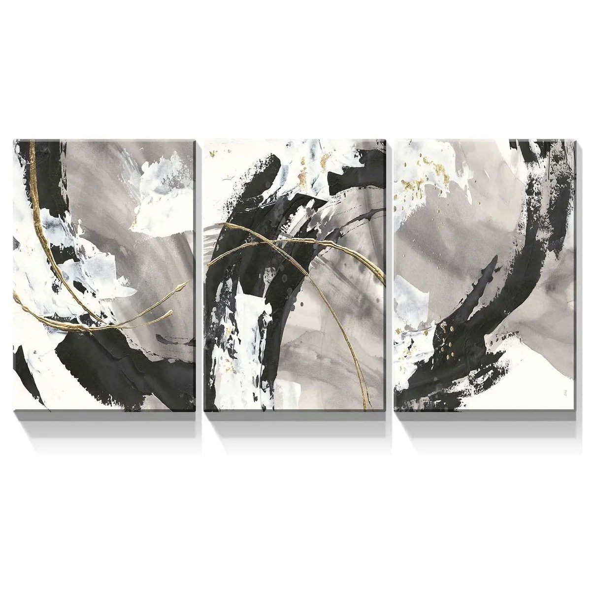 Black and White Abstract Painting with Gold Lines  3 Panel Oil Painting Wall Art Painting For Living Room Custom Canvas print