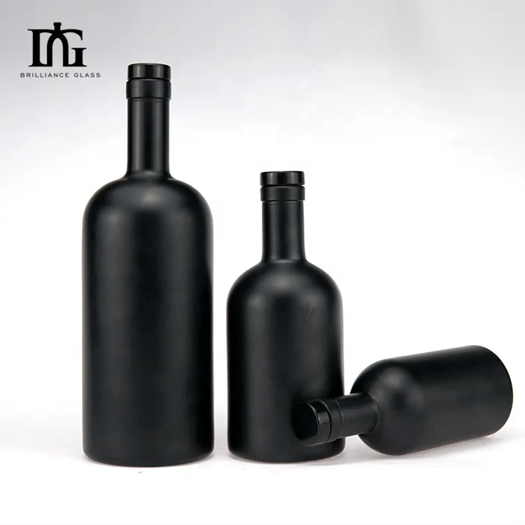 Liquor Bottles Matte Black Glass  round 375ml 500ml 750ml Spirit Bottle Glass Vodka Bottle with lid