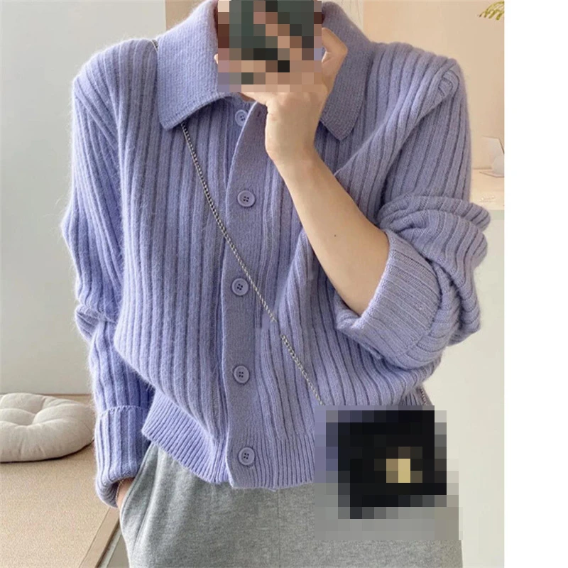 New Trends Japanese Style Age Reducing Soft Glutinouspolocollar Knitted Cardigan Women S Autumn Solid Color Bedford Cord