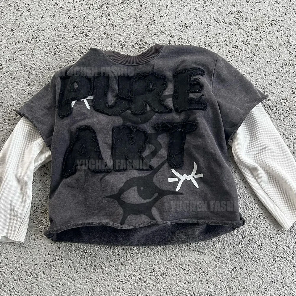 Custom 300gsm Terry Dtg Print Vintage Acid Washed Distressed Applique Cropped Double Layer Waffle Long Sleeve T Shirt For Men