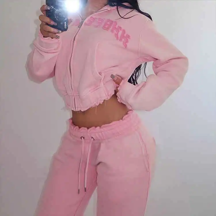 Custom streetwear sweatsuit cut sew applique distressed embroidery patch cropped hoodie and sweatpants set tracksuits for women