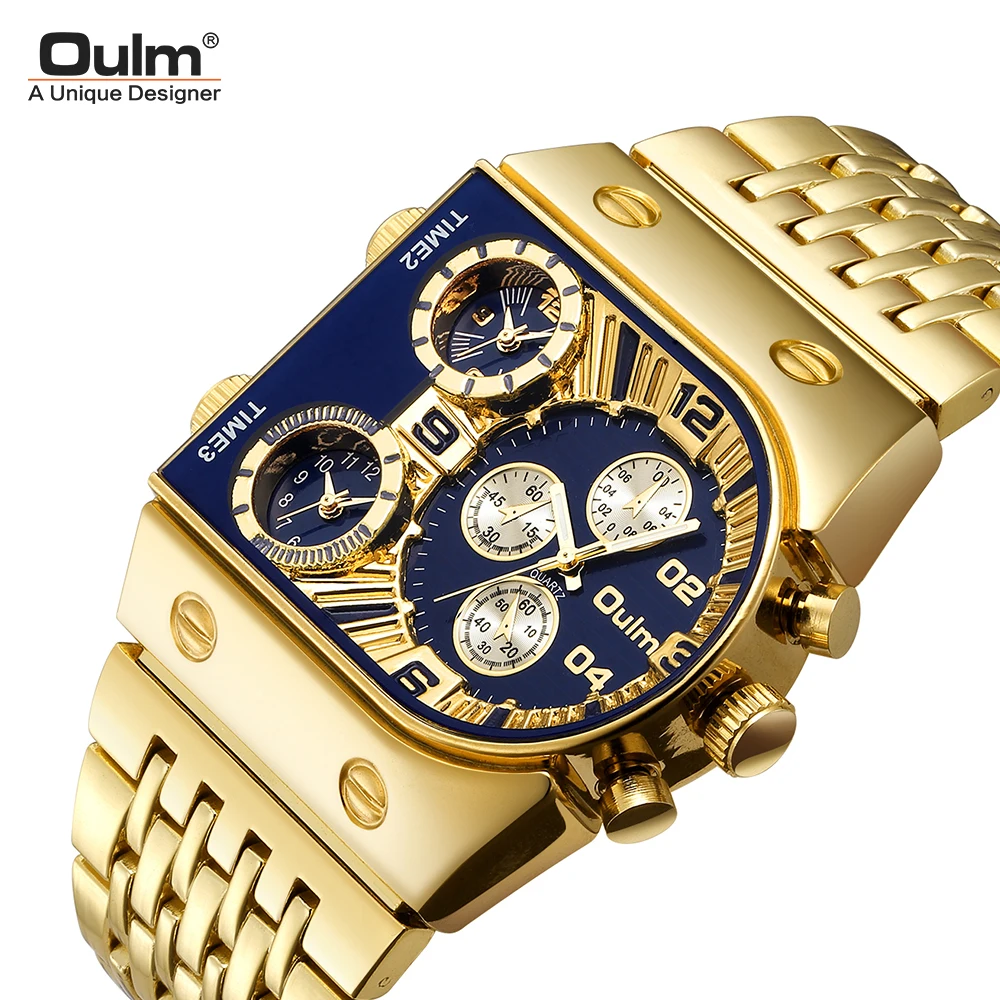 Oulm 9315 Fancy Mens Quartz Wrist Watch Luxury Gold Strap 3 Clock Waterproof watches men set