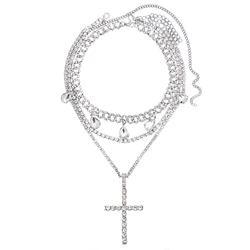 Fashionable Blilng Full Rhinestones Cross Pendant Multilayer Necklace For Women Iced Out Tennis Cuban Link Chain Hip Hop Jewelry