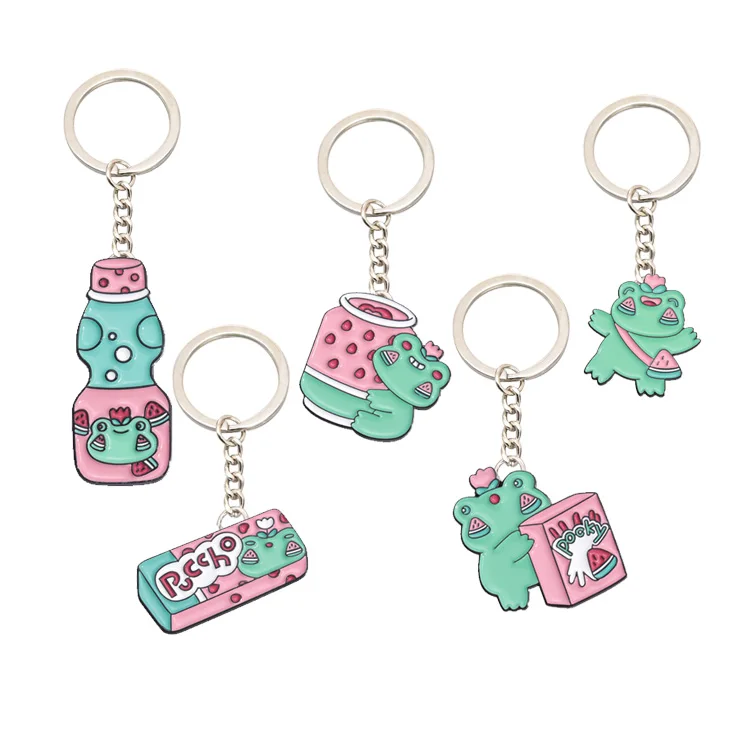 Wholesale Customised Cartoon  Brooch Fun Frog Enamel Keychain Llavero Custom Logo Cartoon Cute WAtermelon Keychains Keyring