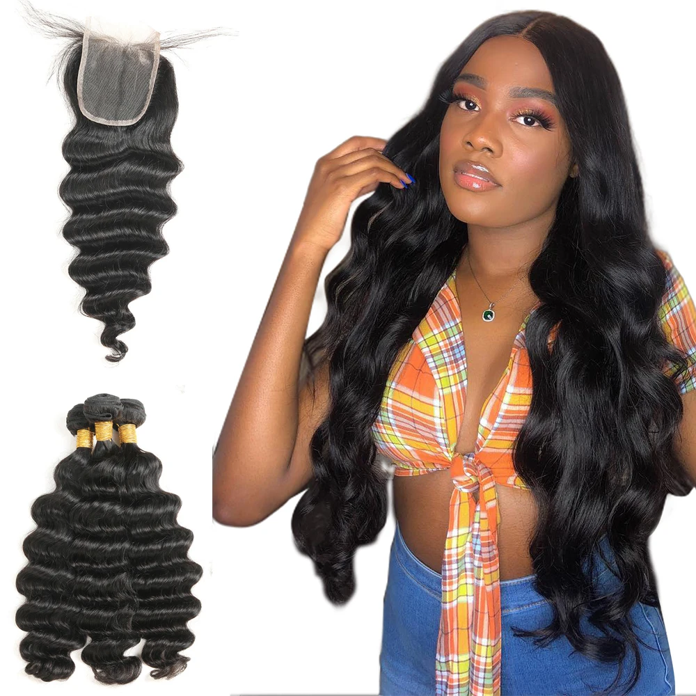 Long Human Hair 4*4 Closure Body Wave Human Hair 3 Bundles with Closure