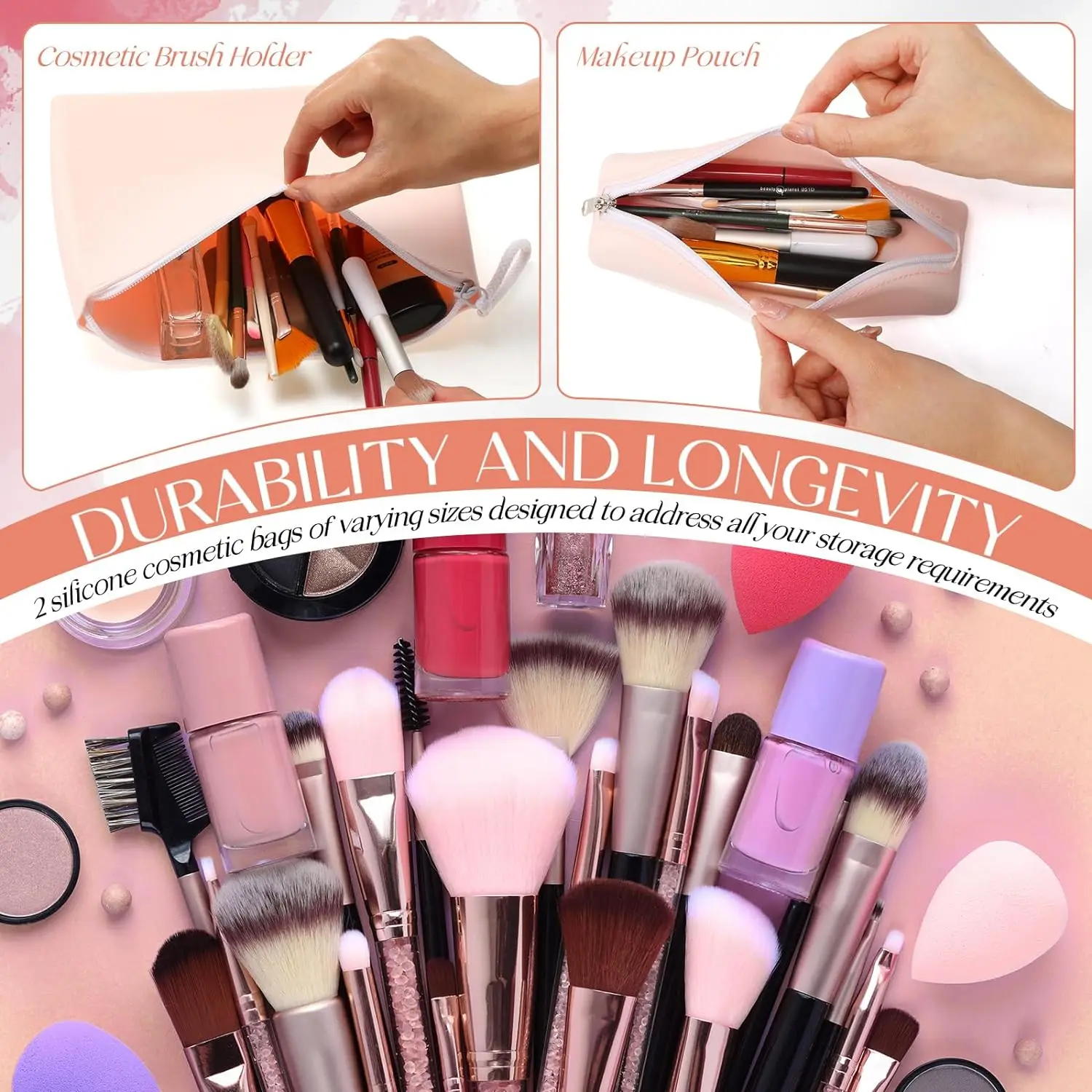 Silicone Makeup Bag and Makeup Brush Holder Silicone Cosmetic Bag with Zipper Travel Toiletry Bag Makeup Tools Organizer