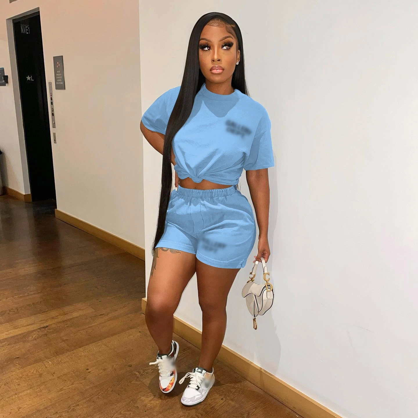 Wholesale designer clothing short sleeve t shirt and short 2 piece set fashion black two piece shorts set for women