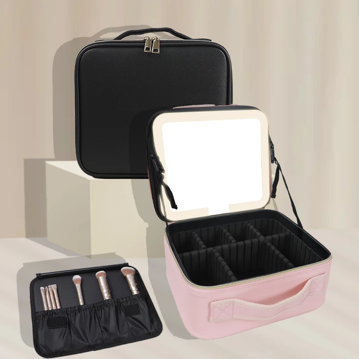 Pu Makeup Bag with Led Mirror Lighted Make Up Travel Bag with Dividers Cosmetic Vanity Bag Case
