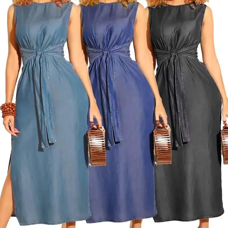
CS2492 Women Long Thin Soft Jeans Denim Dress Summer Comfortable Sundress Bandage Tunic Vintage Clothes Robe Femme Vestido 