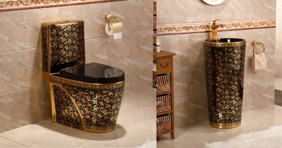 2023 Hot Sale Good Quality Hotel Bathroom Luxury Gold Floor Mount S Trap 300mm 400 mm Toilet Set With Bain