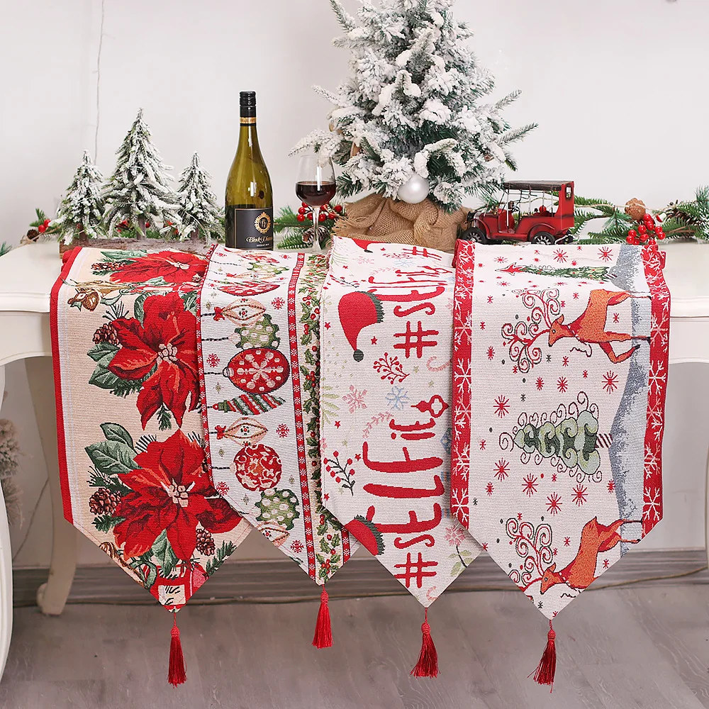 Christmas Kitchen Ornament Tassel Table Cloth Flag Knit Santa Claus Tablecloth for Dinning Table Home Decor