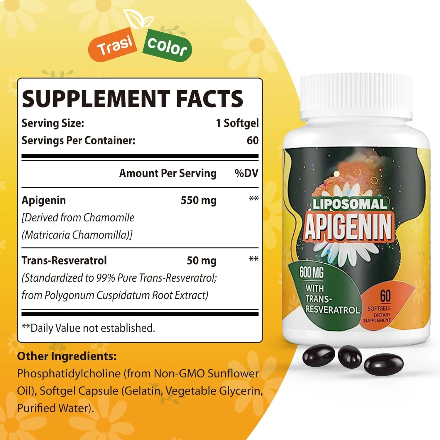High Bioavailability Apigenina Softgel Capsules Liposomal Apigenin Supplements  Apigenin 550 mg Trans Tesveratrol 50 mg