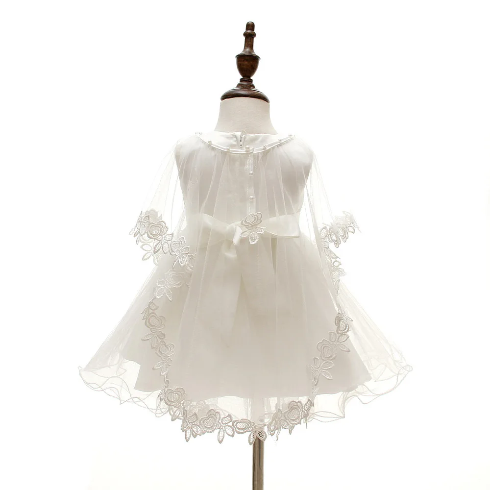 Fashion White Lace Net Yarn Sleeveless Babies Baptism Dresses 6-12 Months Old
