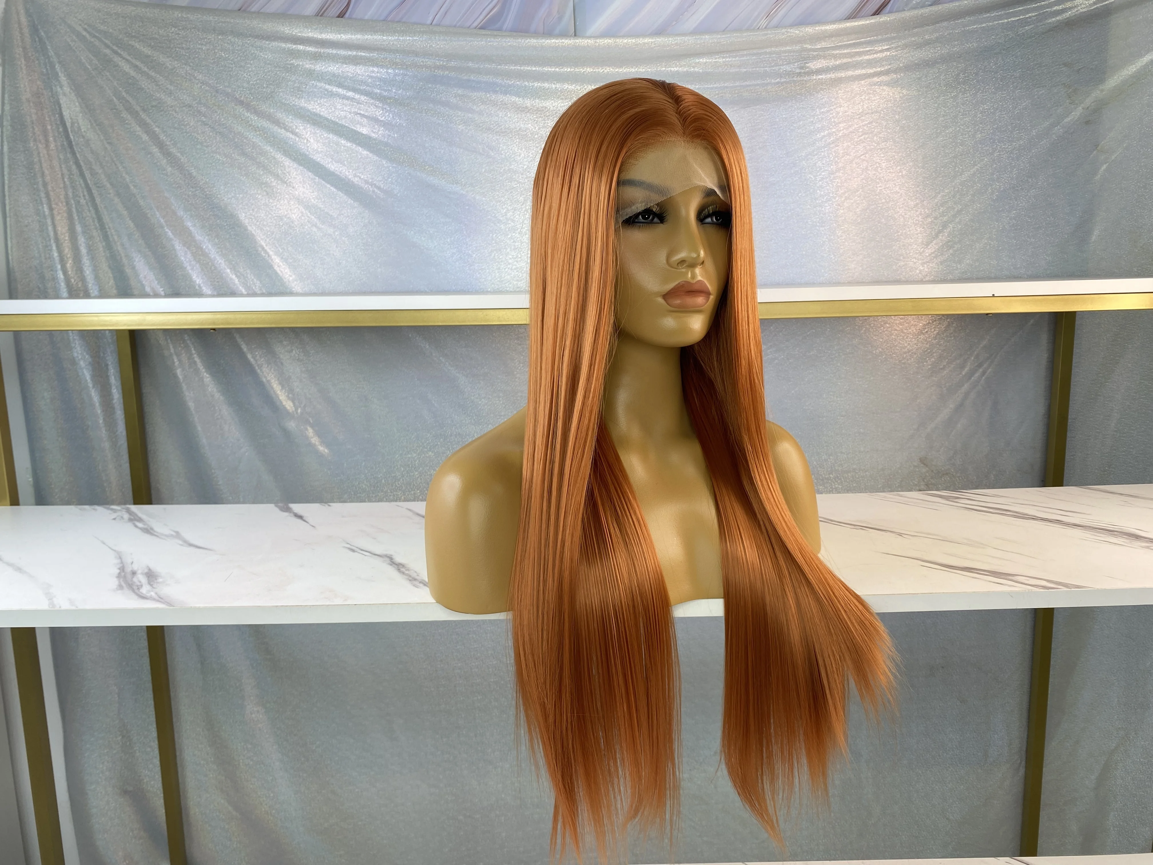 Wholesale Ginger Orange Synthetic Lace Front Wig Long Straight Heat Resistant Fiber 100% Futura Hair Wig for Women Cosplay Daily