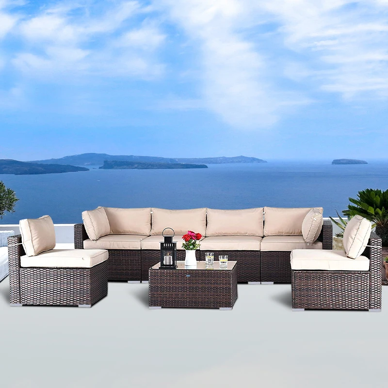 Outdoor furniture wicker brown Rattan sectional Garden Sofa sets with table for courtyard patio
