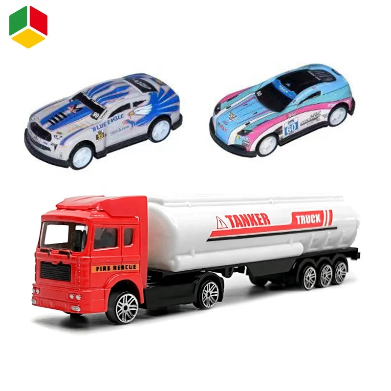 QS Diecast Truck Set Model Toys Pull Back Mini Alloy Engineering Oil Tanker Truck Model With 2 Racing Car