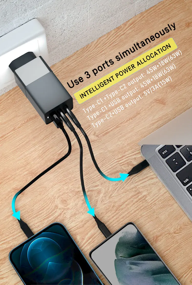 Manufacture wholesale price 3 ports GaN 65W USB-C with power delivery pd fast charger quick wall charger mach for samsung