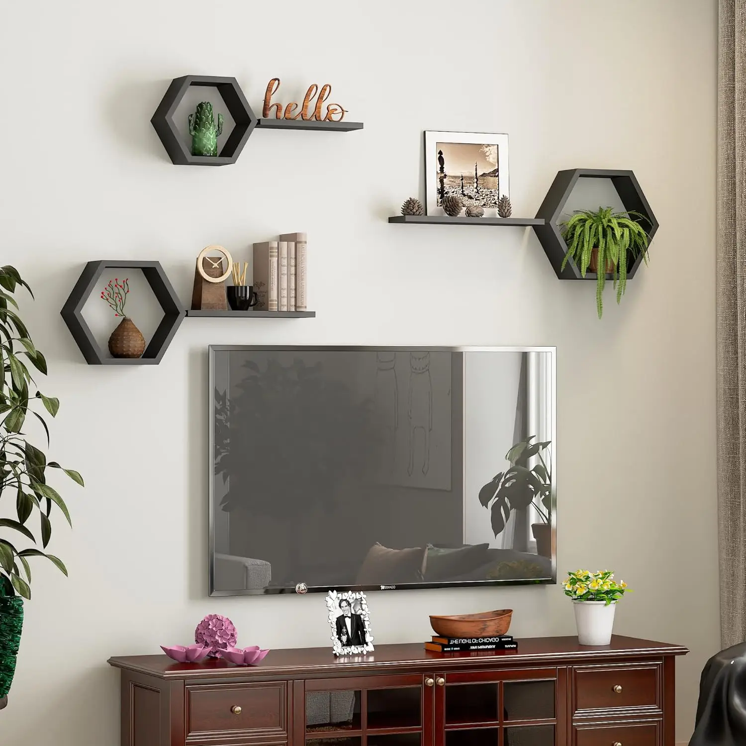 Black wooden hexagonal wall mounted 6-piece modern geometric wall storage rack displaying plant photos Living room bedroom