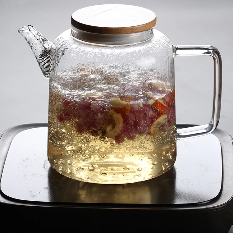 Chinese supplier pyrex  transparent spring strainer Blooming flower tea special teapot tea pots with bamboo cover