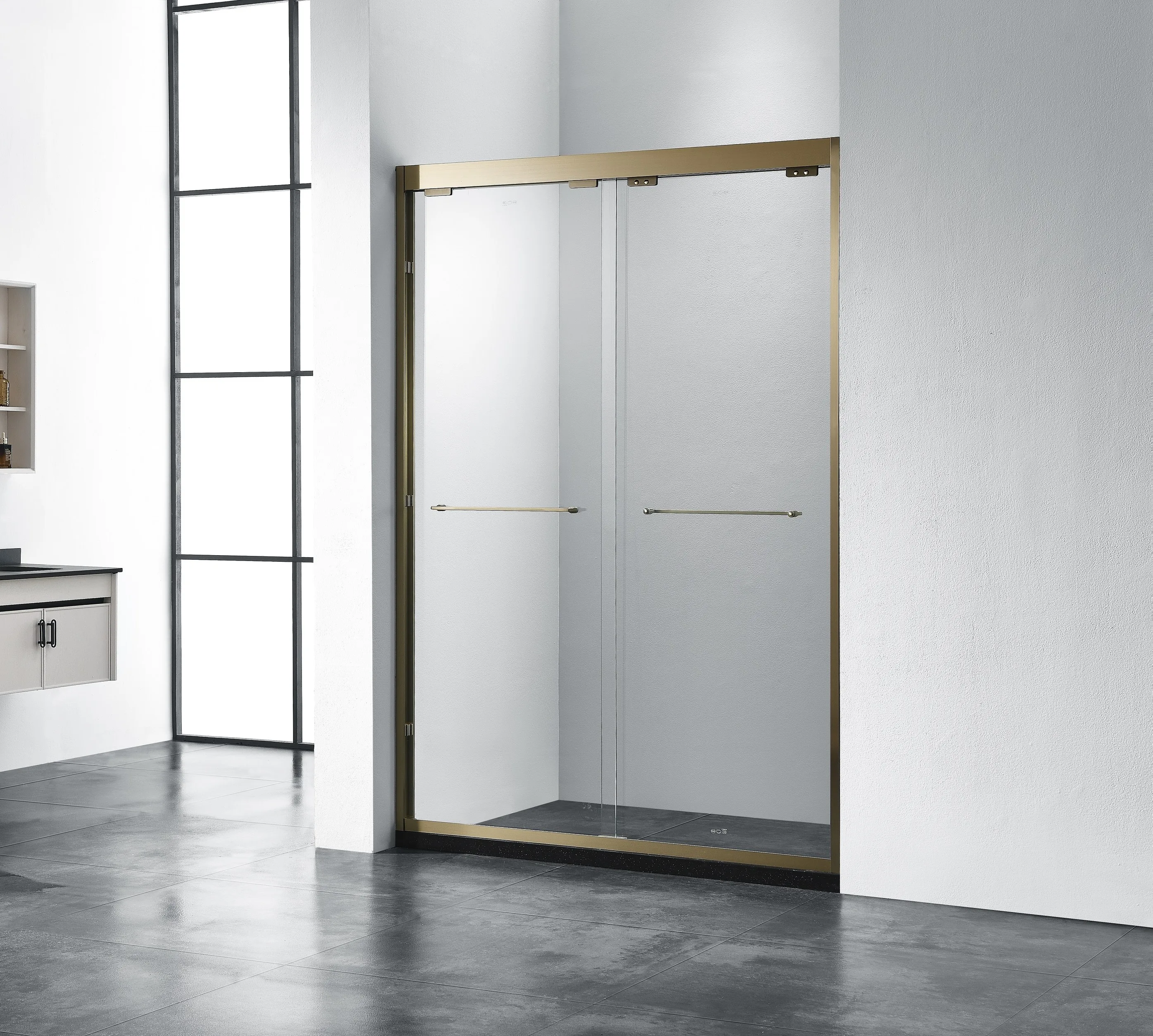 Champagne golden stainless steel safe tempered glass double sliding bath shower door with buffer