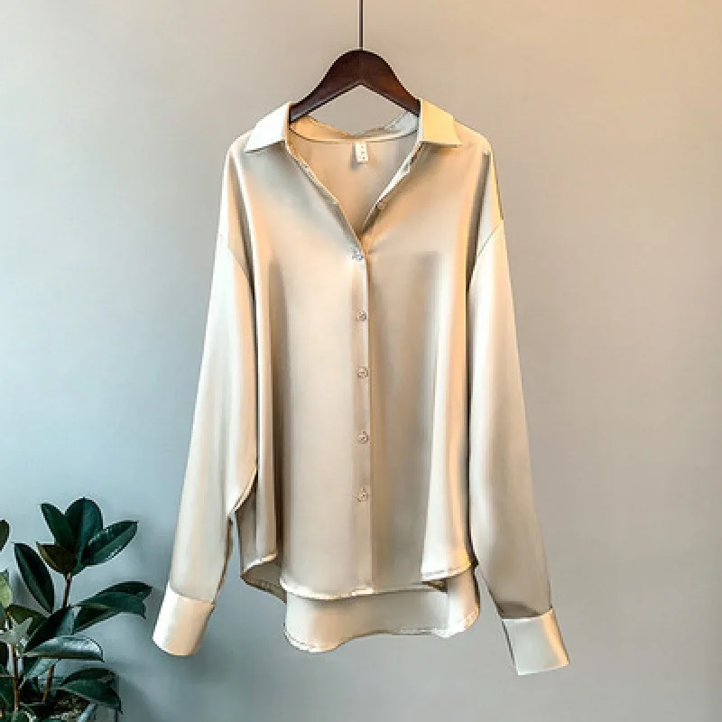 YiXin Blouses For Womens 2022 Plain Long Sleeve Silk Satin Blouse For Women Office Business Casual White Blouse Women