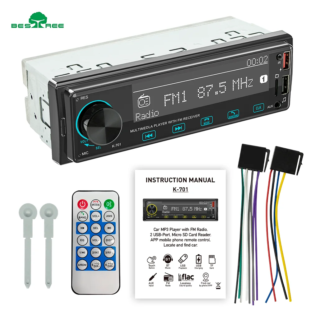 Bestree single 1 din car mp3 player with 2.5D screen full touch buttons dot matrix display car radio 1 din car music player