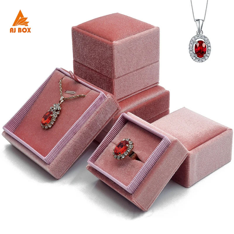 Wholesale Custom Luxury Jewellery Packaging Wedding Ring Earrings Pendant Box Pink Velvet Jewelry Boxes With Ribbon
