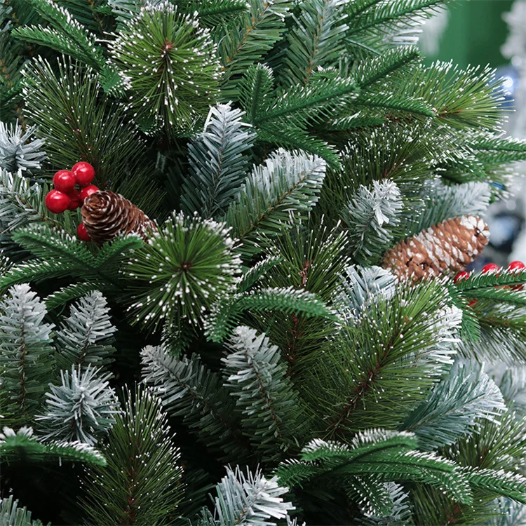 Custom High Quality 120-300cm Pine Needle Red Berry PE PVC Leaf Big Green Automatic Christmas Tree With White Snow Flock Tips
