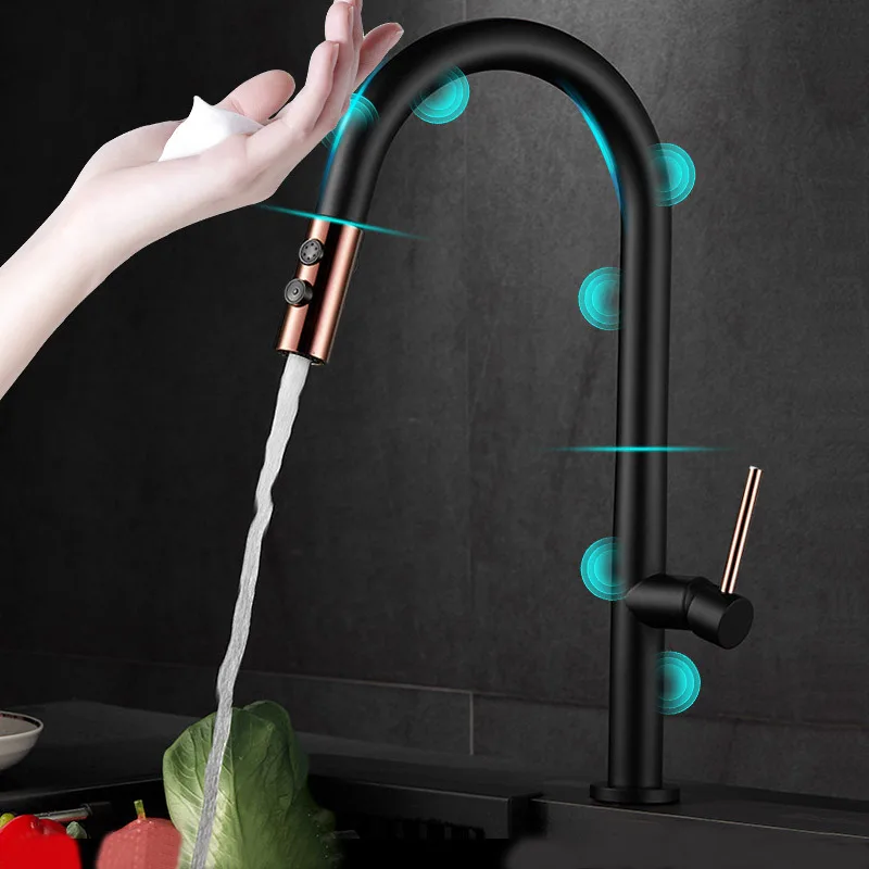 CBM Finish Smart Touch Sensor Pull Out Kitchen Sink Faucet Taps Brass Ceramic Brushed Modern Contemporary White and Rose Color