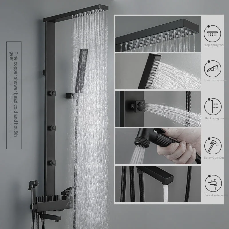 Matte Black Rainfall Massage Stainless Steel Brass Rain Shower Head Panel Black And Gold Shower Set