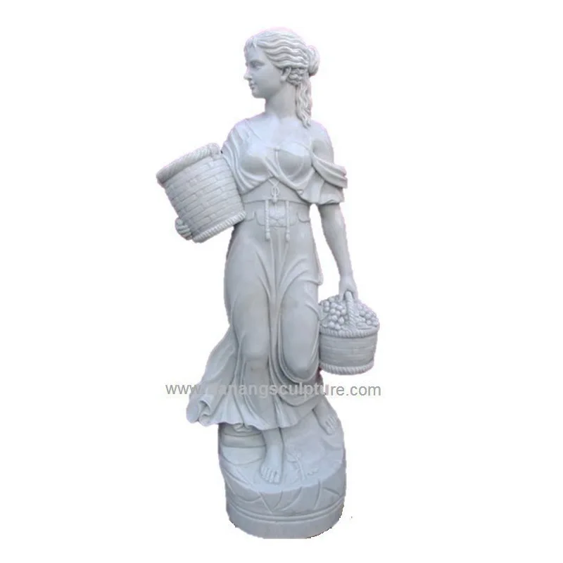 На заказ наружная каменная резьба и скульптура молодая девушка сад с цветочной корзиной Белая Мраморная Статуя красивой девушки