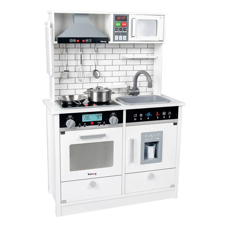 New shape hot sale wooden toys combined kitchen set refrigerator kitchen set toys wooden sound and light combination kitchen set