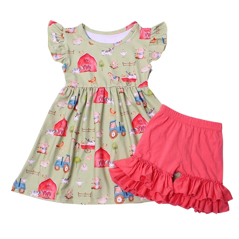 New Coming milk silk Clothes Set Children Top And Pants Outfits Fashion 2 Pieces Wear happy farm design dress sets casual style